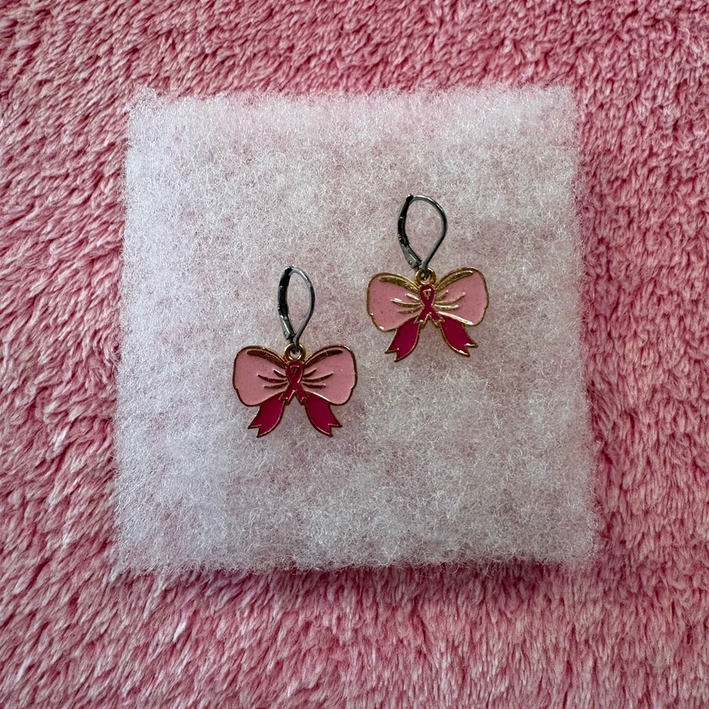 Breast Cancer Awareness Pink Ribbon Bow Earrings